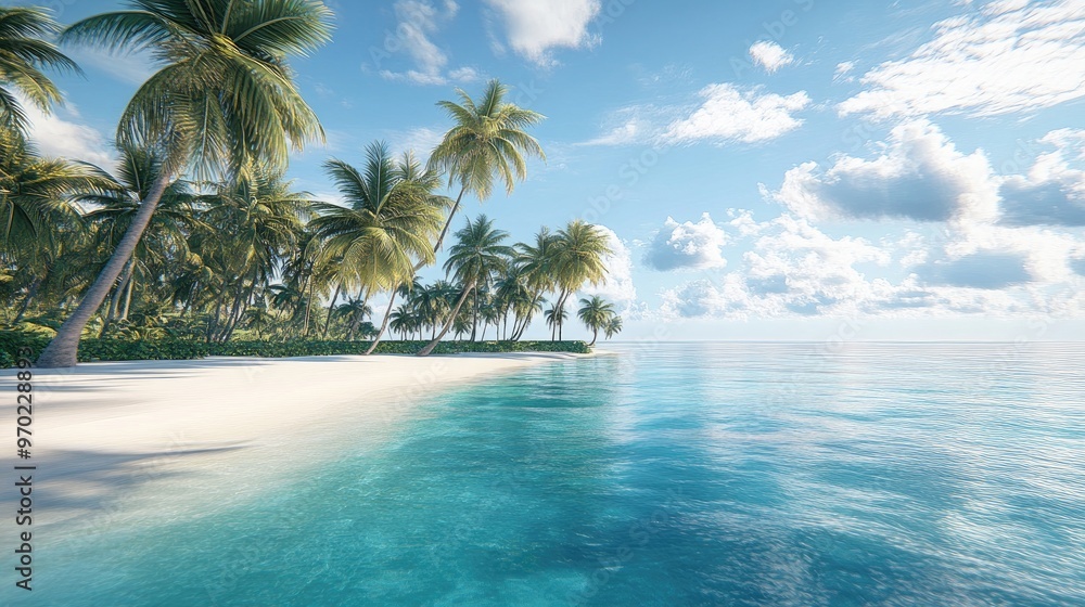 Tropical waters with palm trees along an idyllic shore depicted through 3D rendering Tropical waters with palm trees along an idyllic shore depicted through 3D rendering
