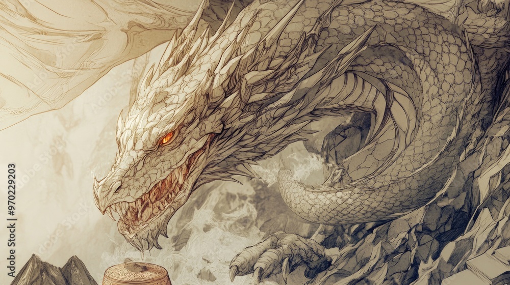 Fantasy illustration of a dragon devouring an object with detailed ...