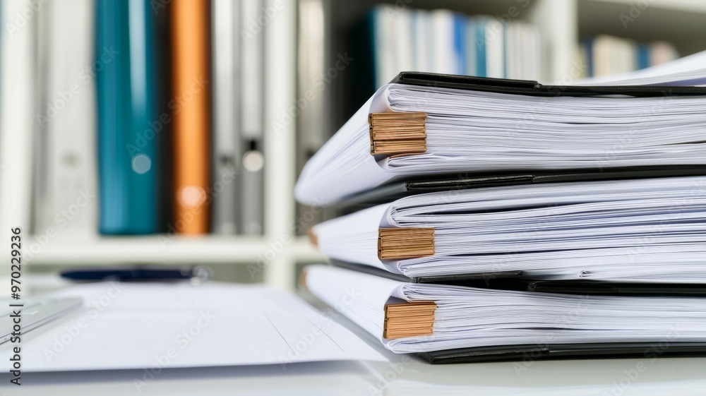 Three stacks of papers on a desk with a blue pen and a blue book