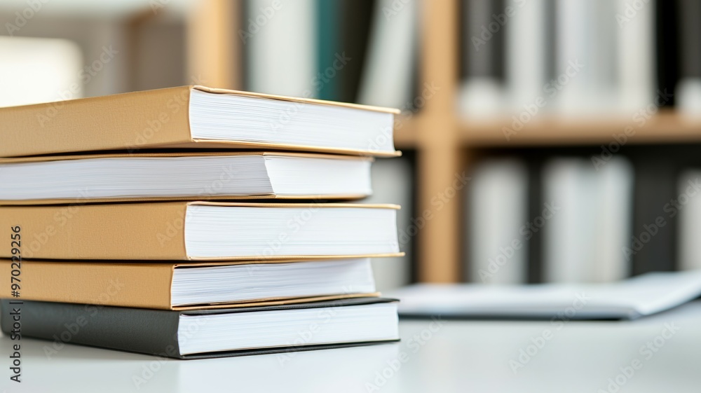 A stack of books on a table with a notebook and a folder A stack of books on a table with a notebook and a folder