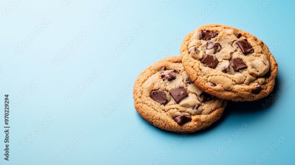 Two chocolate chip cookies on a blue background Two chocolate chip cookies on a blue background