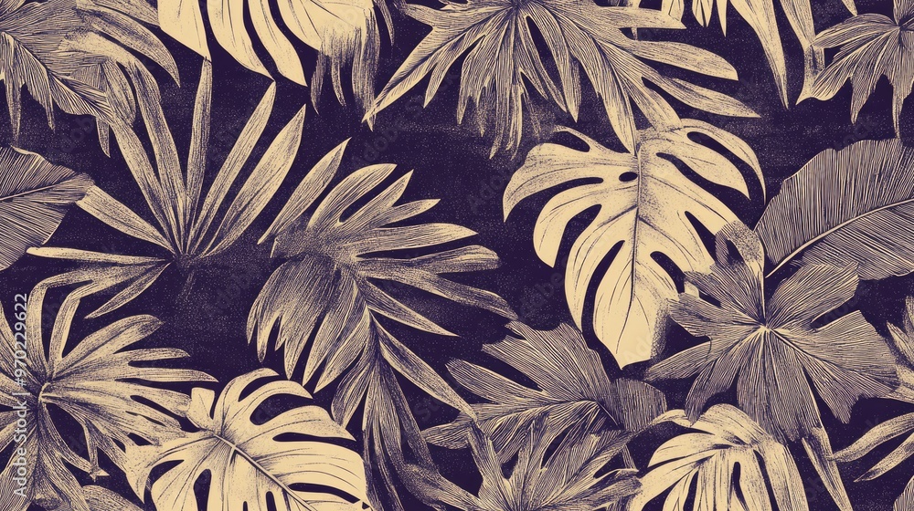 Tropical leaves with a dark purple and beige texture seamless pattern High quality illustration featuring silhouettes of natural materials arranged in a continuous design Outlined sketch surface p Tropical leaves with a dark purple and beige texture seamless pattern High quality illustration featuring silhouettes of natural materials arranged in a continuous design Outlined sketch surface p