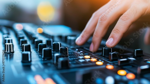 A person is playing a keyboard with a lot of knobs and buttons