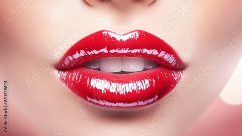 A woman's lips are painted red and she is smiling