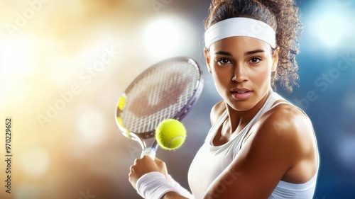 A woman is holding a tennis racket and a tennis ball