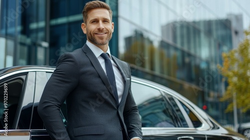 A man in a suit and tie stands next to a black car