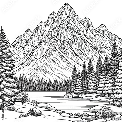 snowy mountain peak with evergreen trees and a frozen lake in the foreground coloring page 