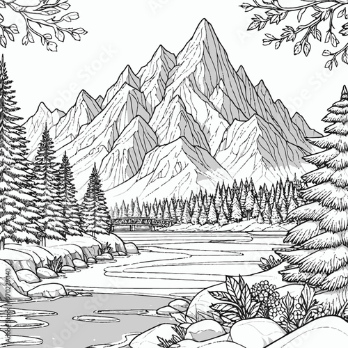 snowy mountain peak with evergreen trees and a frozen lake in the foreground coloring page 