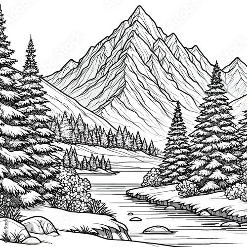 snowy mountain peak with evergreen trees and a frozen lake in the foreground coloring page 
