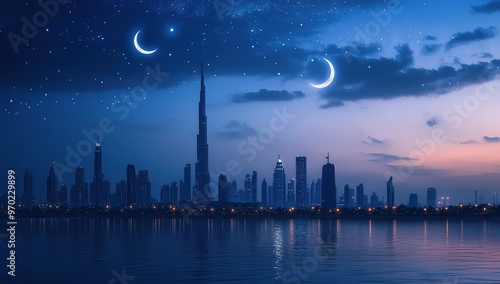 a city skyline of dubai at night with the moon and two stars in the sky, ultra realistic photo