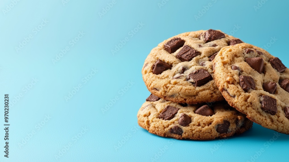 Three chocolate chip cookies stacked on top of each other on a blue background Three chocolate chip cookies stacked on top of each other on a blue background