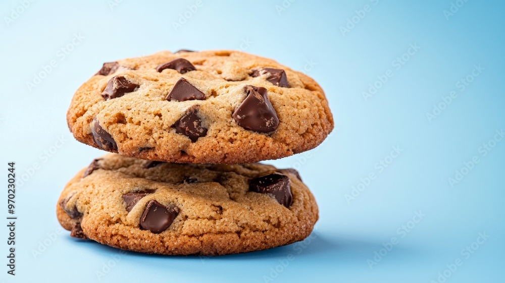 Two chocolate chip cookies stacked on top of each other Two chocolate chip cookies stacked on top of each other