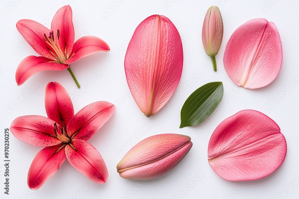 Red lilies with petals and leaves arranged on a clean white background. Ideal for floral marketing, beauty products, or nature-themed designs with copyspace for text overlay.
Red lilies with petals and leaves arranged on a clean white background. Ideal for floral marketing, beauty products, or nature-themed designs with copyspace for text overlay.