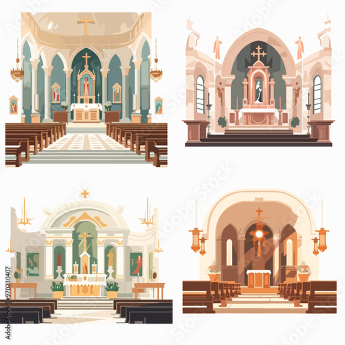The four images show different styles of church interiors. The first image features a large, ornate cathedral with a high altar and a cross