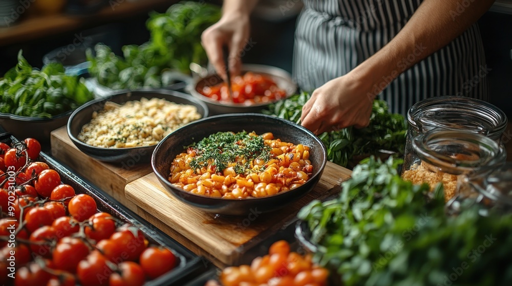 A chef preparing a colorful dish with fresh ingredients. A chef preparing a colorful dish with fresh ingredients.