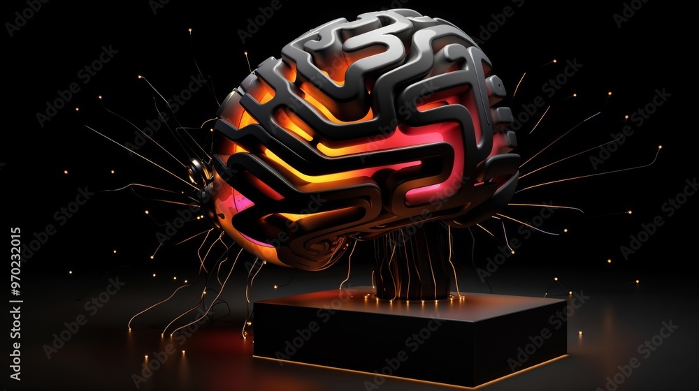 Fototapeta premium Futuristic Brain Sculpture with Glowing Lights in a Dark Space