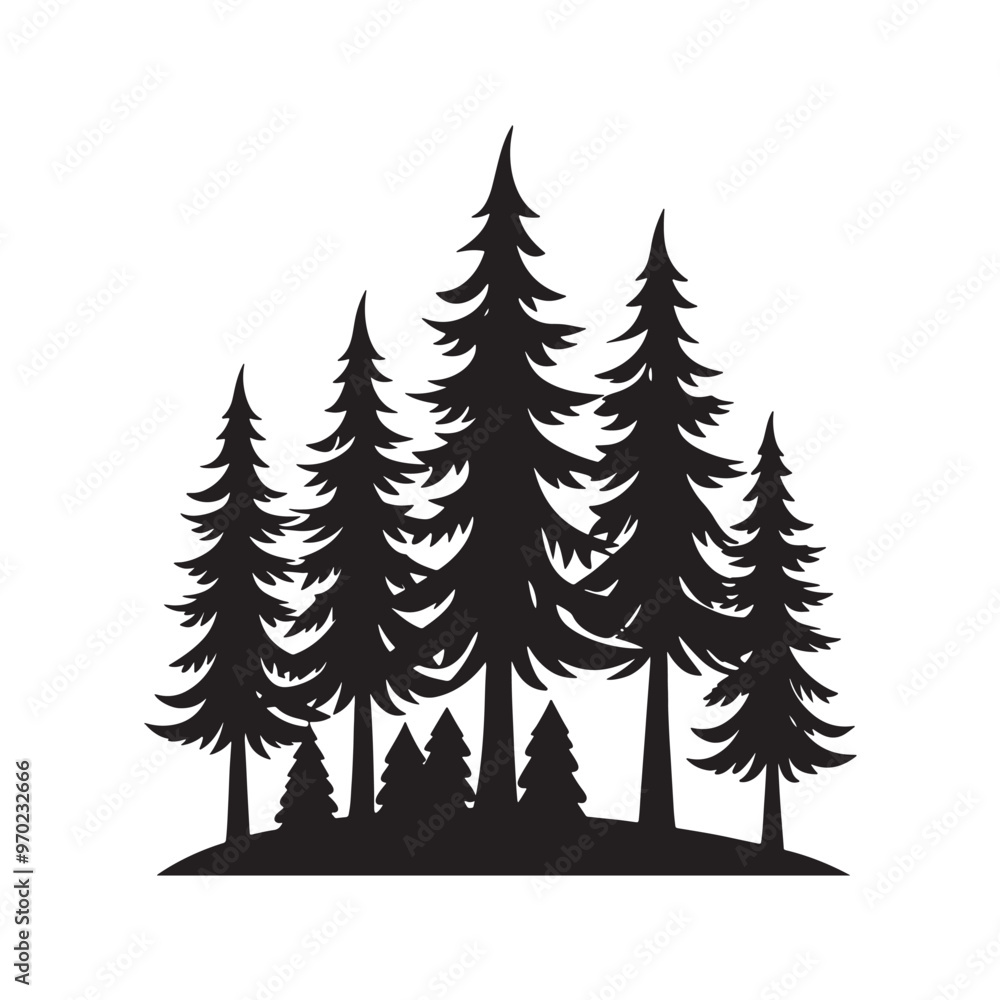 A silhouette of a Pine tree. Evergreen forest firs and spruces black shapes, wild nature trees templates. Vector illustration woodland trees set on white background A silhouette of a Pine tree. Evergreen forest firs and spruces black shapes, wild nature trees templates. Vector illustration woodland trees set on white background