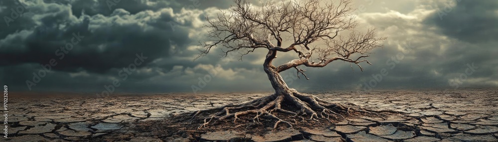 A lone, gnarled tree rises from dry, cracked earth under a dramatic sky, symbolizing resilience in harsh conditions. A lone, gnarled tree rises from dry, cracked earth under a dramatic sky, symbolizing resilience in harsh conditions.