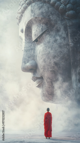 A serene scene where a monk in a vivid red robe stands with their back to the viewer, gazing up at a colossal, ethereal Buddha face that seems to form out of mist and smoke