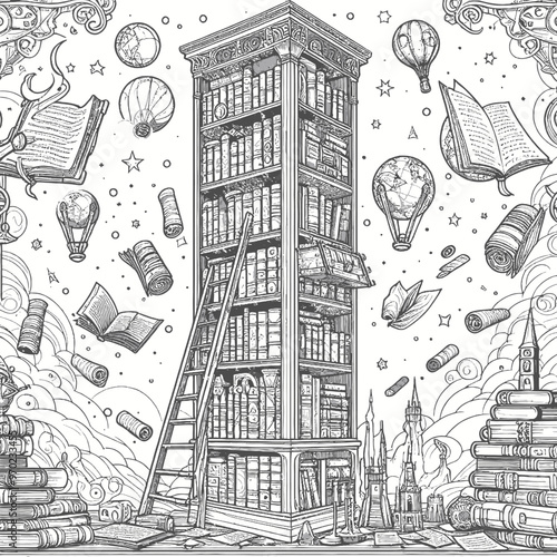 towering bookshelf with a ladder that moves on its own coloring page 