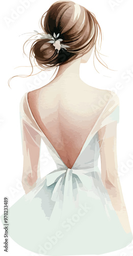 bride. watercolor illustration of bride in wedding dress back view 
