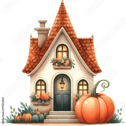 cute autumn house with pumpkin.watercolor illustration of autumn house