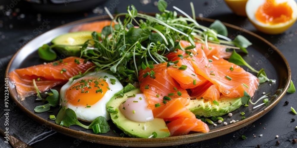 A delicious breakfast spread that includes smoked salmon, creamy avocado, and expertly prepared eggs. A delicious breakfast spread that includes smoked salmon, creamy avocado, and expertly prepared eggs.