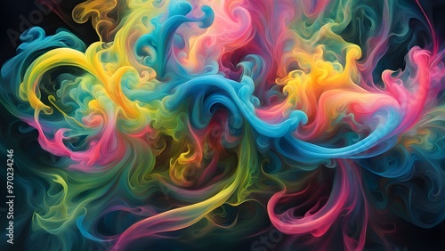 Abstract colorful smoke swirls on black background.