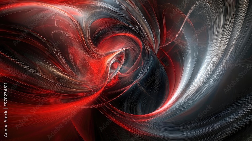 A mesmerizing abstract design blending vibrant red and silver swirls against a dark backdrop, creating depth and movement. A mesmerizing abstract design blending vibrant red and silver swirls against a dark backdrop, creating depth and movement.