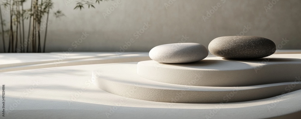 Zen stones in minimalistic garden with soft lighting, tranquility and balance concept Zen stones in minimalistic garden with soft lighting, tranquility and balance concept