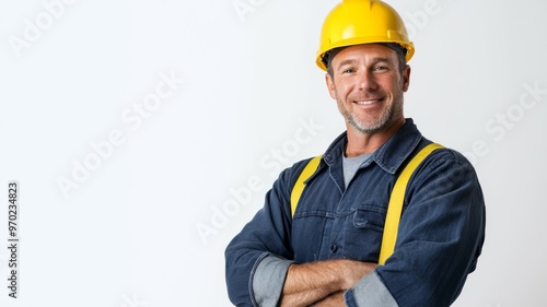 A man in a yellow hard hat is smiling and posing for a picture