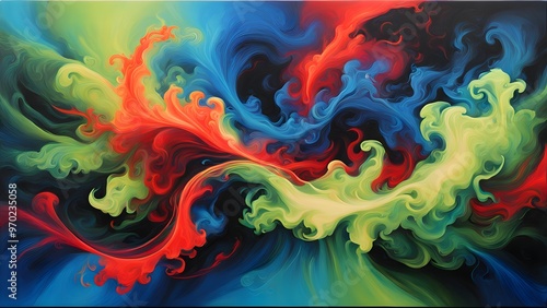 Abstract painting with swirls of red, blue, and green colors on a black background.