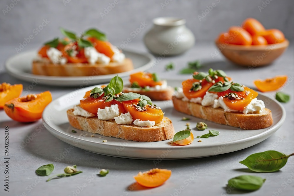 Persimmon Bruschetta: A simple bruschetta with ricotta and thinly sliced persimmons, elegantly arranged on a small white plate Persimmon Bruschetta: A simple bruschetta with ricotta and thinly sliced persimmons, elegantly arranged on a small white plate