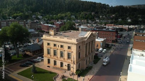 Aerial of building in historic town of Deadwood South Dakota in summer