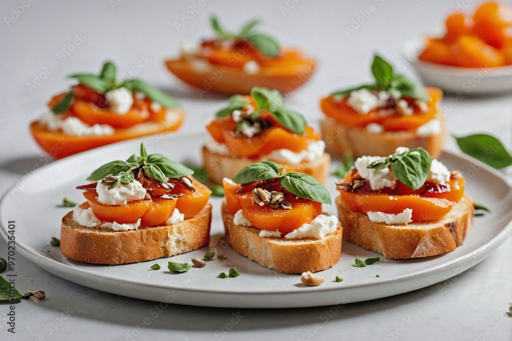 Persimmon Bruschetta: A simple bruschetta with ricotta and thinly sliced persimmons, elegantly arranged on a small white plate Persimmon Bruschetta: A simple bruschetta with ricotta and thinly sliced persimmons, elegantly arranged on a small white plate