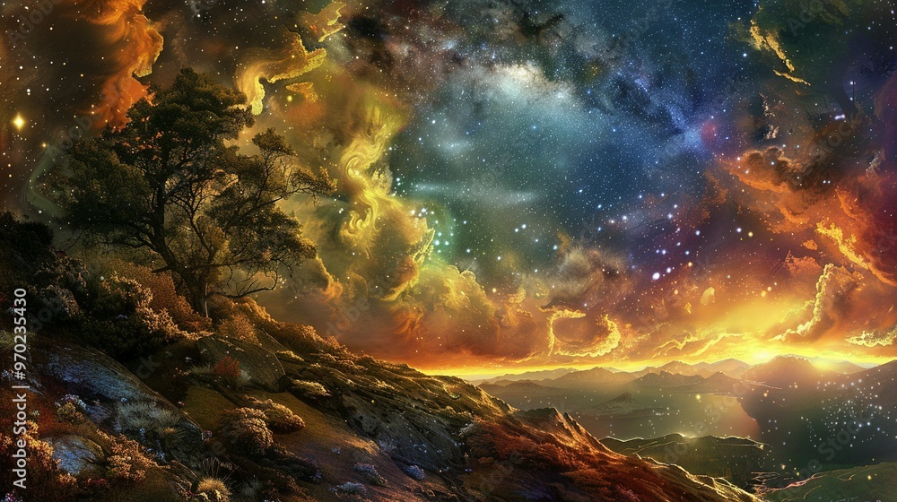A Solitary Tree on a Mountaintop with a Starry Night Sky A Solitary Tree on a Mountaintop with a Starry Night Sky