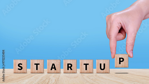 Startup business concept on wooden block, fast business success, startup founder, network connection, idea generation, digital marketing success.