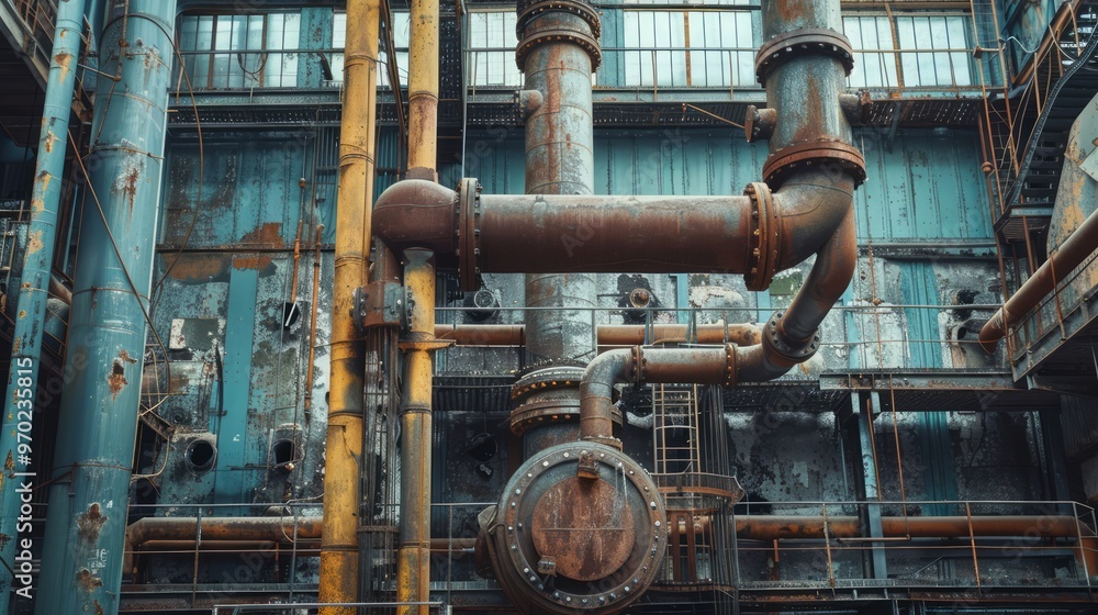 Old factory building with aged, rusted pipes and ducts exposed, creating a vintage industrial vibe Old factory building with aged, rusted pipes and ducts exposed, creating a vintage industrial vibe