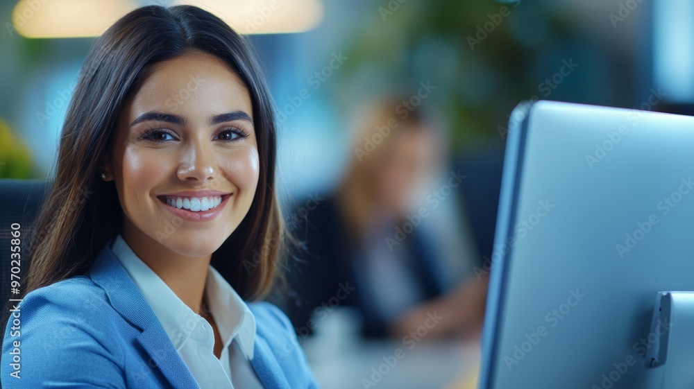 A woman is smiling at the camera while sitting in front of a computer monitor A woman is smiling at the camera while sitting in front of a computer monitor