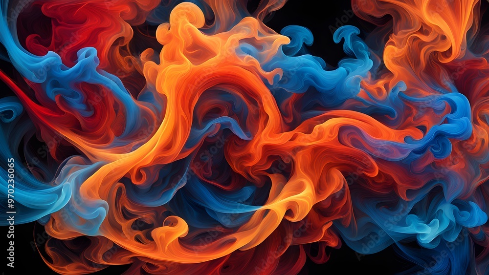 Abstract swirling blue and orange smoke-like shapes on a black background. Abstract swirling blue and orange smoke-like shapes on a black background.