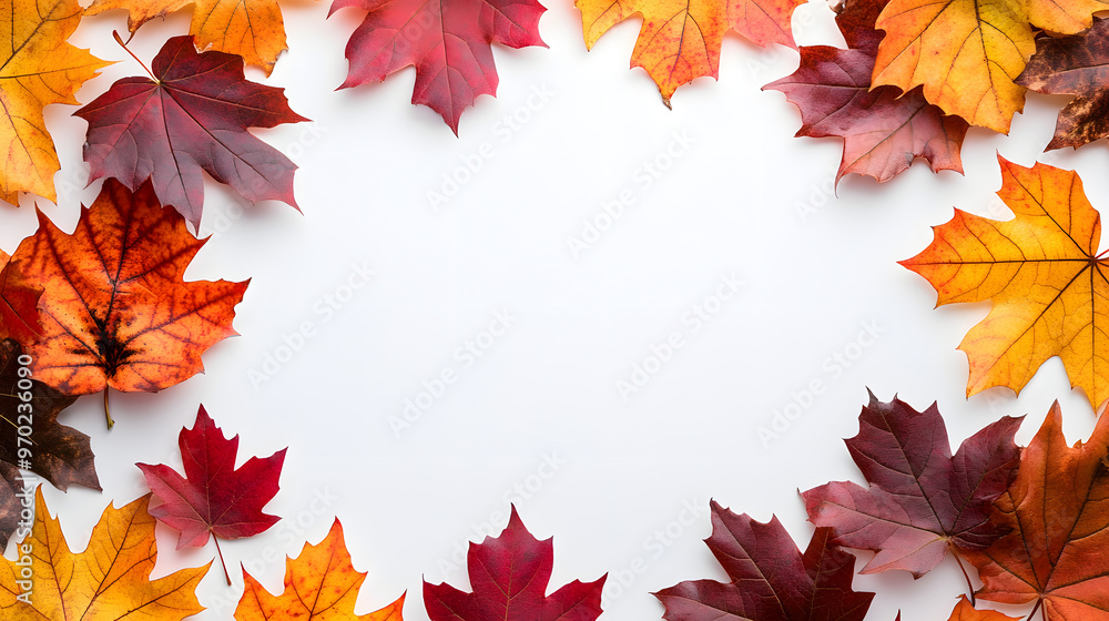 3Framed material on white background surrounded by autumn leaves and berries, Generative AI. 3Framed material on white background surrounded by autumn leaves and berries, Generative AI.