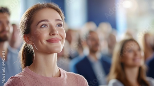 A woman with a smile on her face is looking at a crowd of people