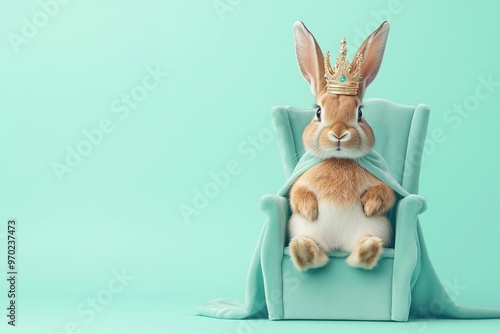 Rabbit in Crown and Royal Cape on Plush Throne with Pastel Mint Background photo