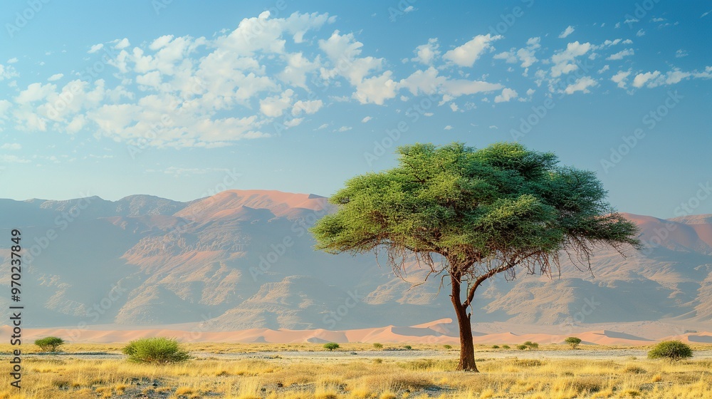 Obraz premium A Single Tree in the Namib Desert with Red Sand Dunes and Mountains in the Background