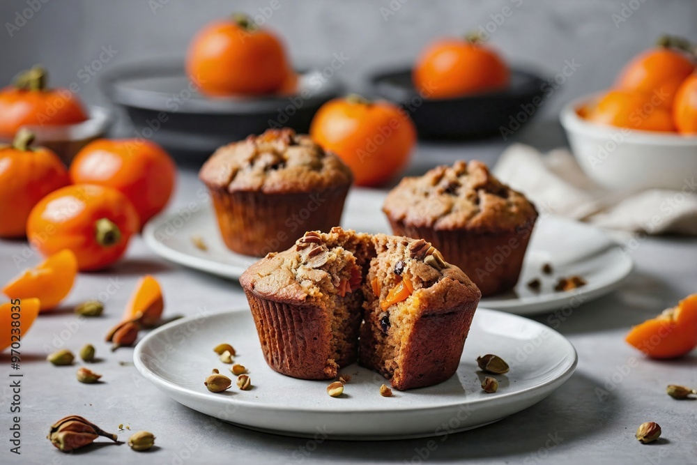 Persimmon Muffins: Persimmon muffins arranged on a clean white plate, with one muffin split open to reveal the moist, fruit-filled interior. Persimmon Muffins: Persimmon muffins arranged on a clean white plate, with one muffin split open to reveal the moist, fruit-filled interior.