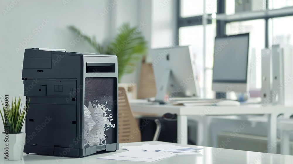 Paper Shredder with Shredded Paper and Documents on a Desk Paper Shredder with Shredded Paper and Documents on a Desk