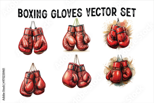  Boxing gloves set on white background. Beautiful isolated hanging Boxing Gloves Vector Art Illustration.
Detailed watercolor illustration of red boxing gloves.