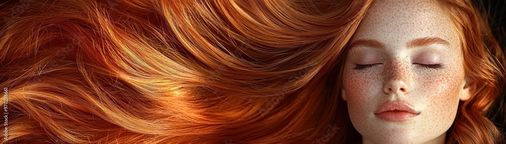 Fototapeta premium Closeup portrait highlighting glossy, vibrant hair with a smooth texture, accentuating beauty features with a focus on radiant shine.