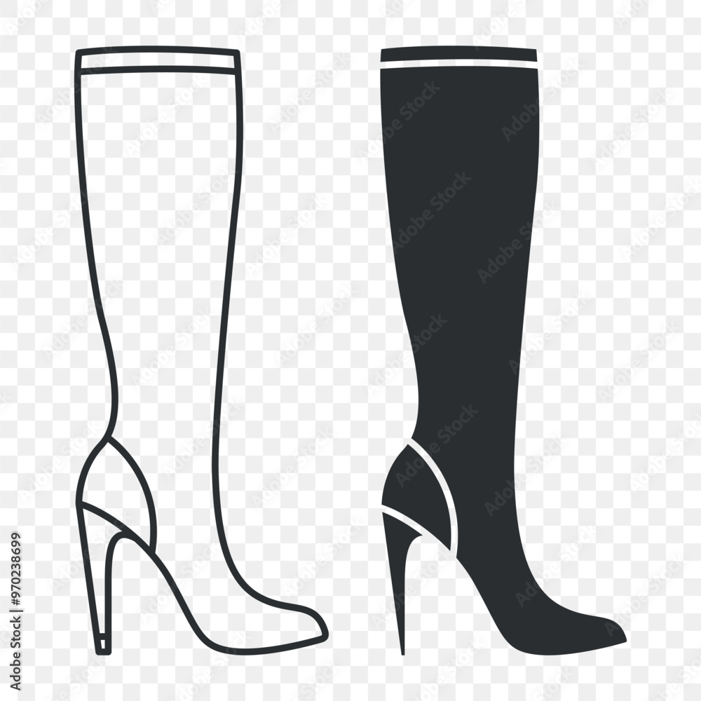 Flat Vector Linear and Silhouette Male and Female High Boots Icon Set Isolated. Footwear Symbol Set, Design Template, Clipart. Vector Illustration Flat Vector Linear and Silhouette Male and Female High Boots Icon Set Isolated. Footwear Symbol Set, Design Template, Clipart. Vector Illustration