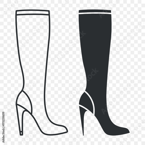 Flat Vector Linear and Silhouette Male and Female High Boots Icon Set Isolated. Footwear Symbol Set, Design Template, Clipart. Vector Illustration